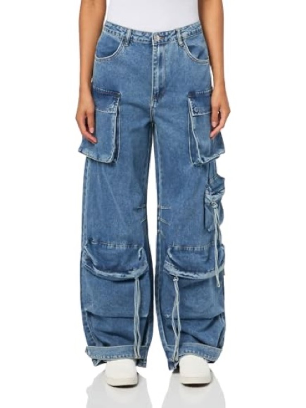 Steve Madden Duo Medium Blue Wide-Leg Cargo Denim Jeans